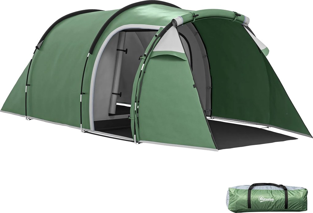Outsunny 2-3 Fős Stabil Vízálló Családi Kempingtábor Tűzhellyel és Álló Magasságú Előtetővel, 2000mm Vízoszlopos Dóm Sátor Kempingezéshez, Sötét Zöld