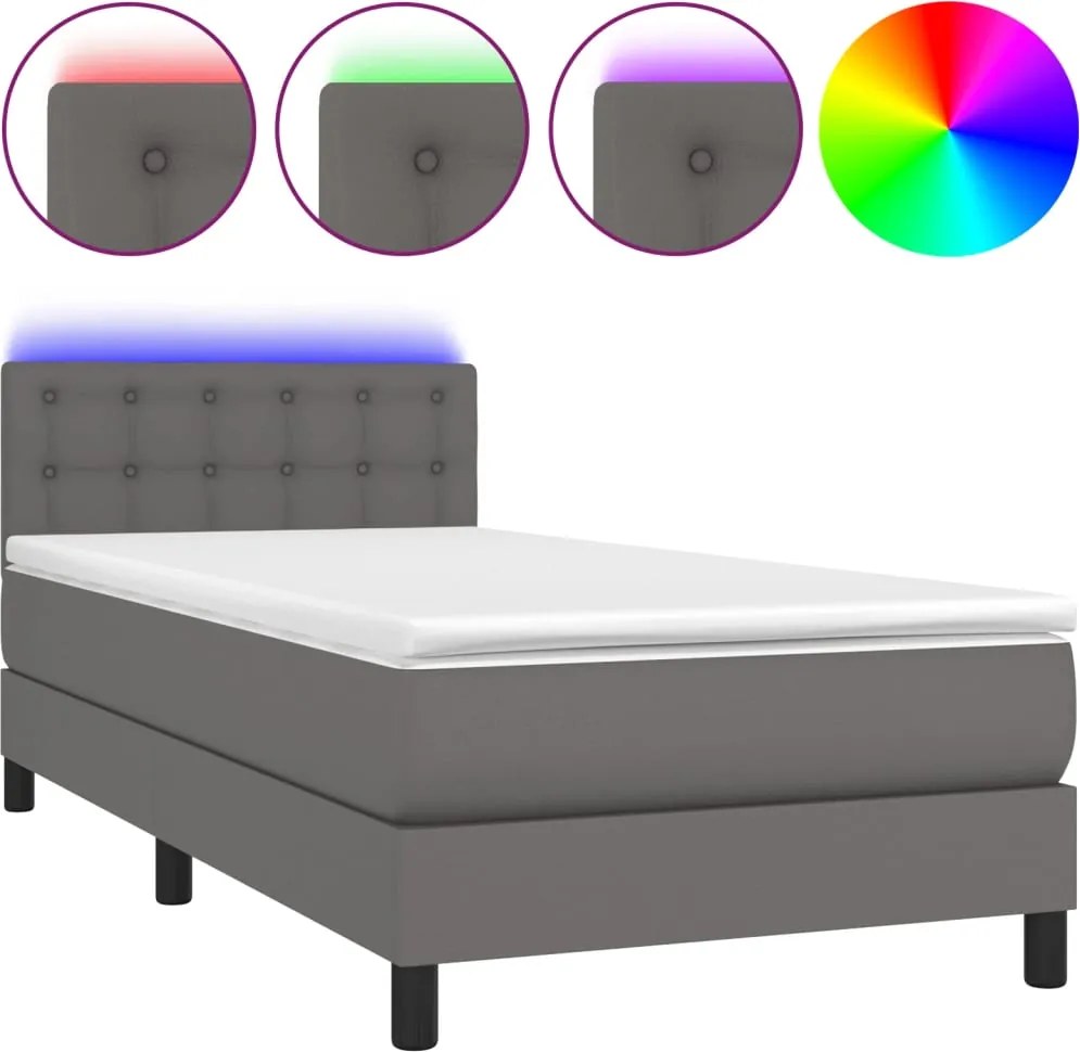 vidaXL szürke műbőr rugós ágy matraccal és LED-del 90x200 cm