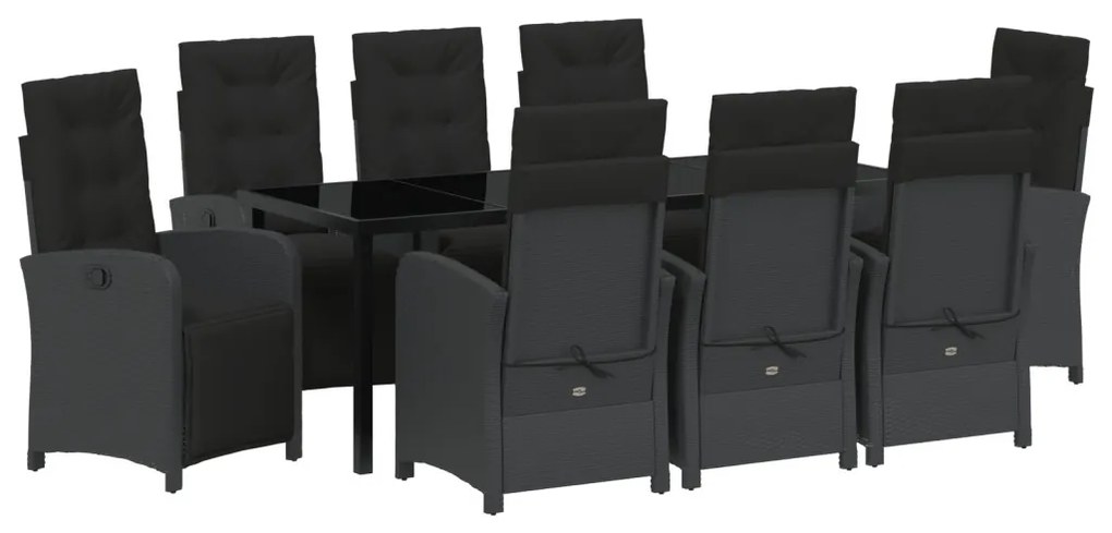 9 darabos kerti étkezőszett párnákkal fekete poli rattan, kerti asztal fekete 200x80x73 cm edzett üveggel