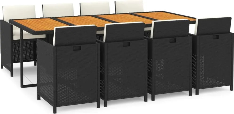 vidaXL 9 részes fekete polyrattan kerti étkezőgarnitúra párnákkal