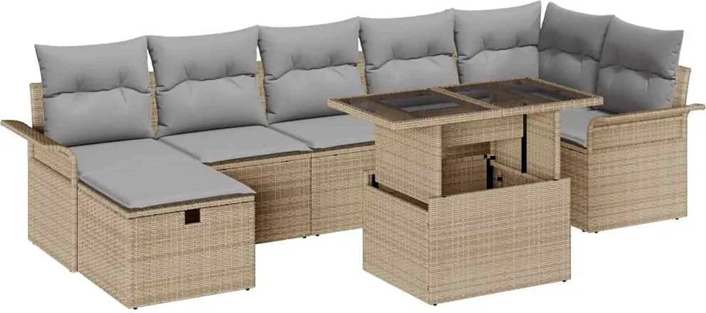 vidaXL Kerti Kanapé Szett párnával tárolóval 8 pcs Bézs Poli rattan