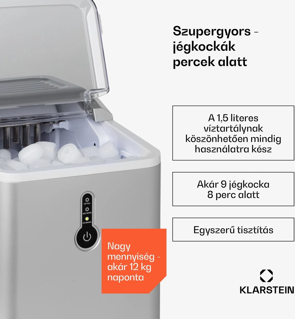 Klarstein Chillout, jégkocka készítő, kerek jégdarabok, 12 kg/24 h, víztartály: 1,5 L, ezüst