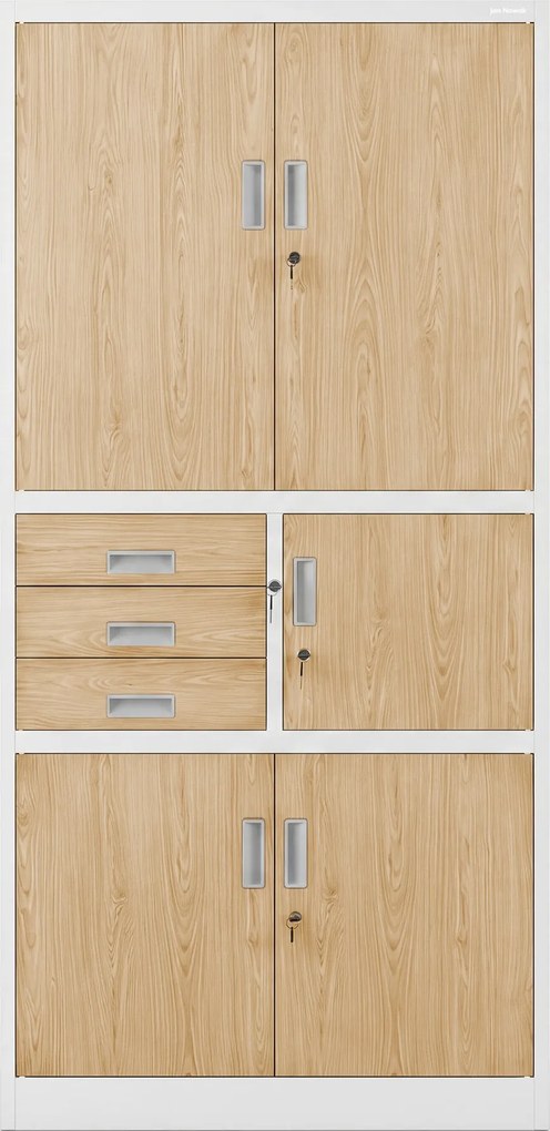 Fém irodai szekrény széffel, fehér, sonoma tölgy, 900x1850x400 mm: FILIP II Eco Design