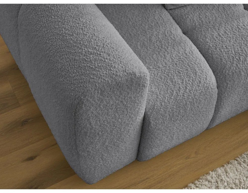 Szürke buklé kinyitható-tárolóhelyes sarokkanapé (jobb oldali-heverő résszel) Roxelane – Bobochic Paris