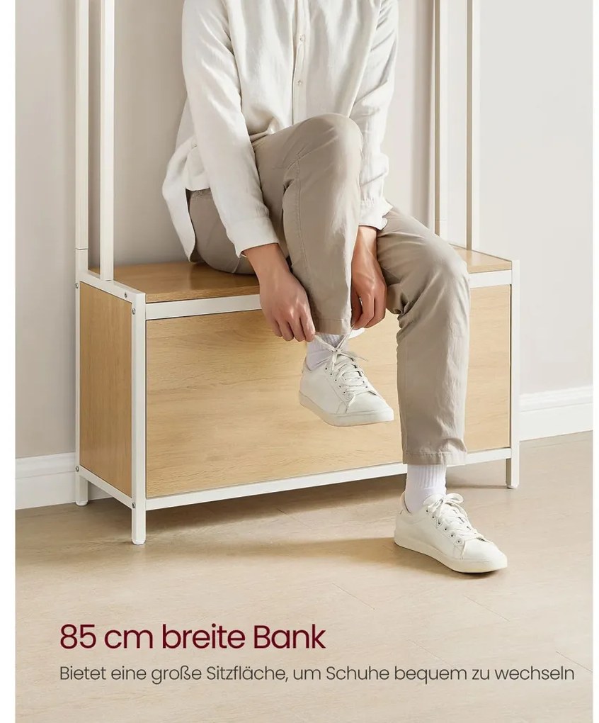 Előszoba fogas paddal, akasztókkal, cipőszekrény, tölgy és fehér 85x30x180cm