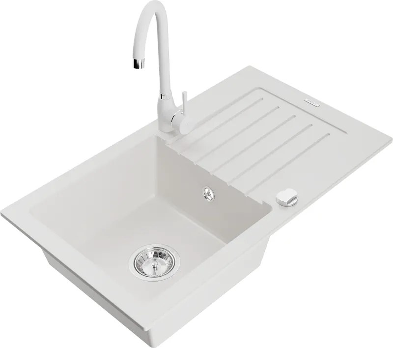 Mexen Pablo gránit mosogató 1-medencés csepptálcával és Telma konyhai csapteleppel, fehér - 6510-20-670200-20