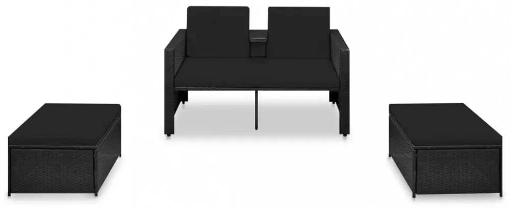 vidaXL 3 részes fekete polyrattan kerti bútorszett párnákkal