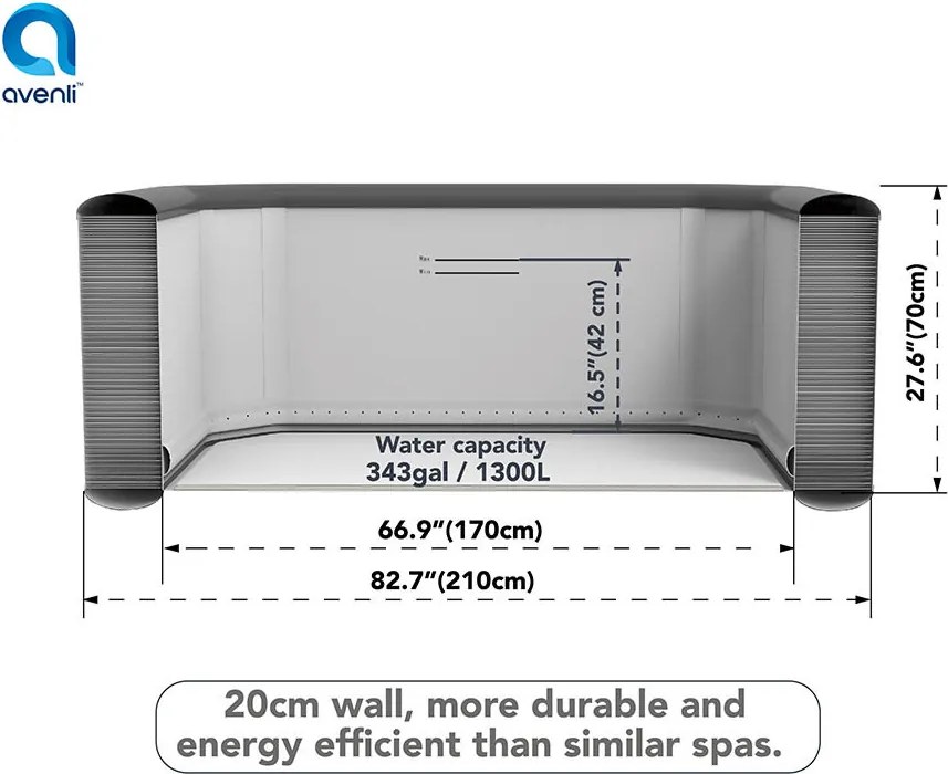Avenli Philly szürke márvány mintás felfújható pezsgőfürdő, 210 × 210 × 70 cm, 1300 l
