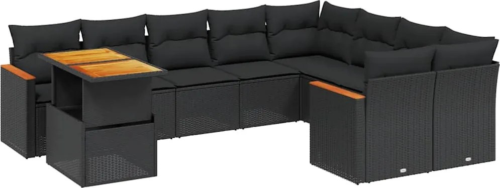 vidaXL 10 részes fekete polyrattan kerti ülőgarnitúra párnákkal