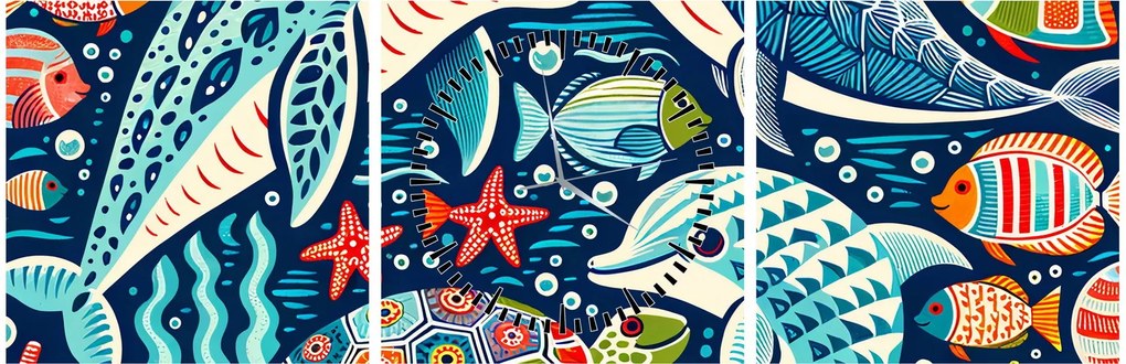 Kép – Rajzolt vízi állatok (órával) (90x30 cm)
