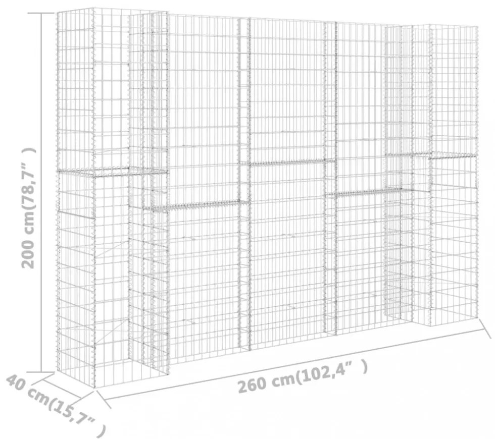 H alakú acéldrót virágtartó gabion 260 x 40 x 200 cm