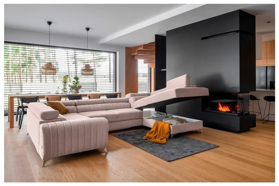 Rózsaszín kinyitható-tárolóhelyes sarokkanapé (jobb oldali-U alakú) Louis – ELTAP