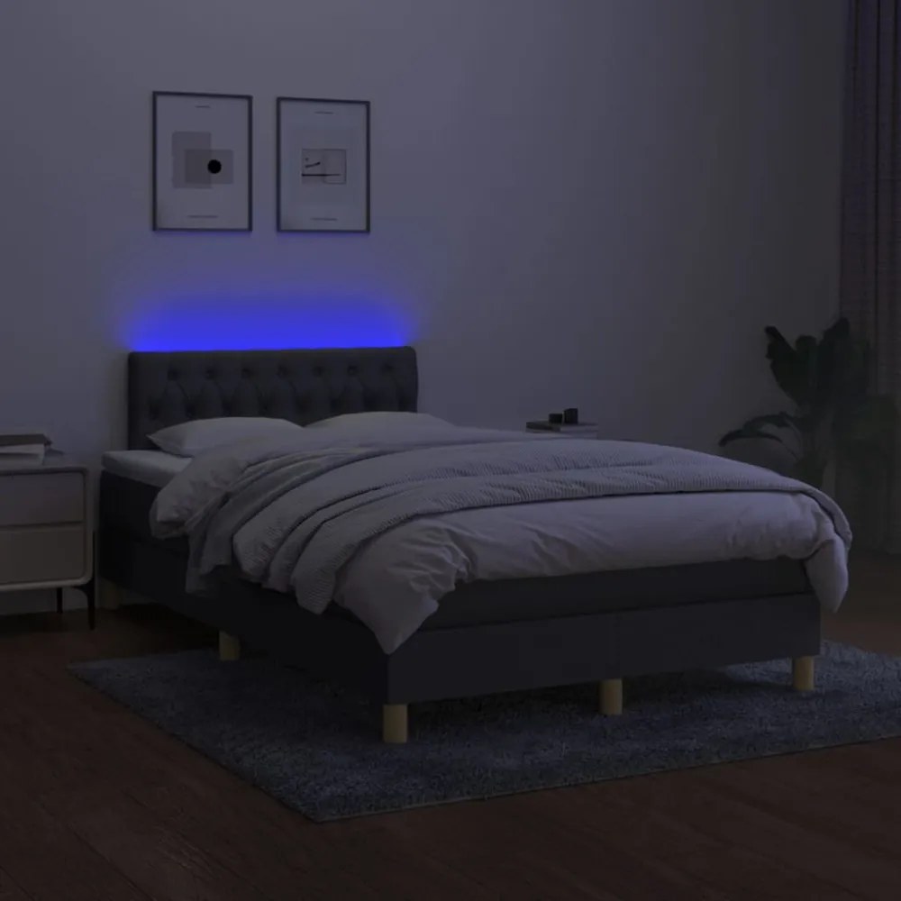 sötétszürke szövet rugós és LED-es ágy matraccal 120 x 200 cm