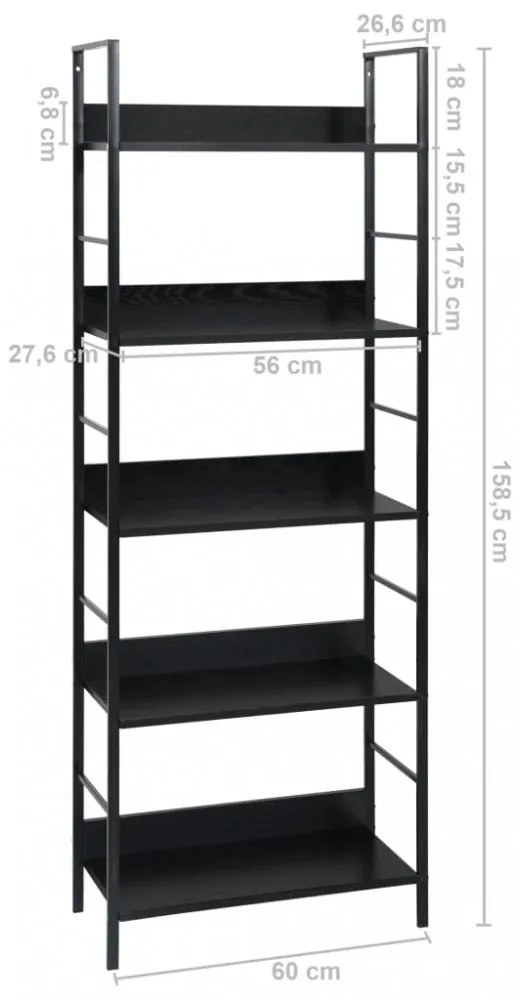 5 szintes fekete szerelt fa könyvespolc 60 x 27,6 x 158,5 cm