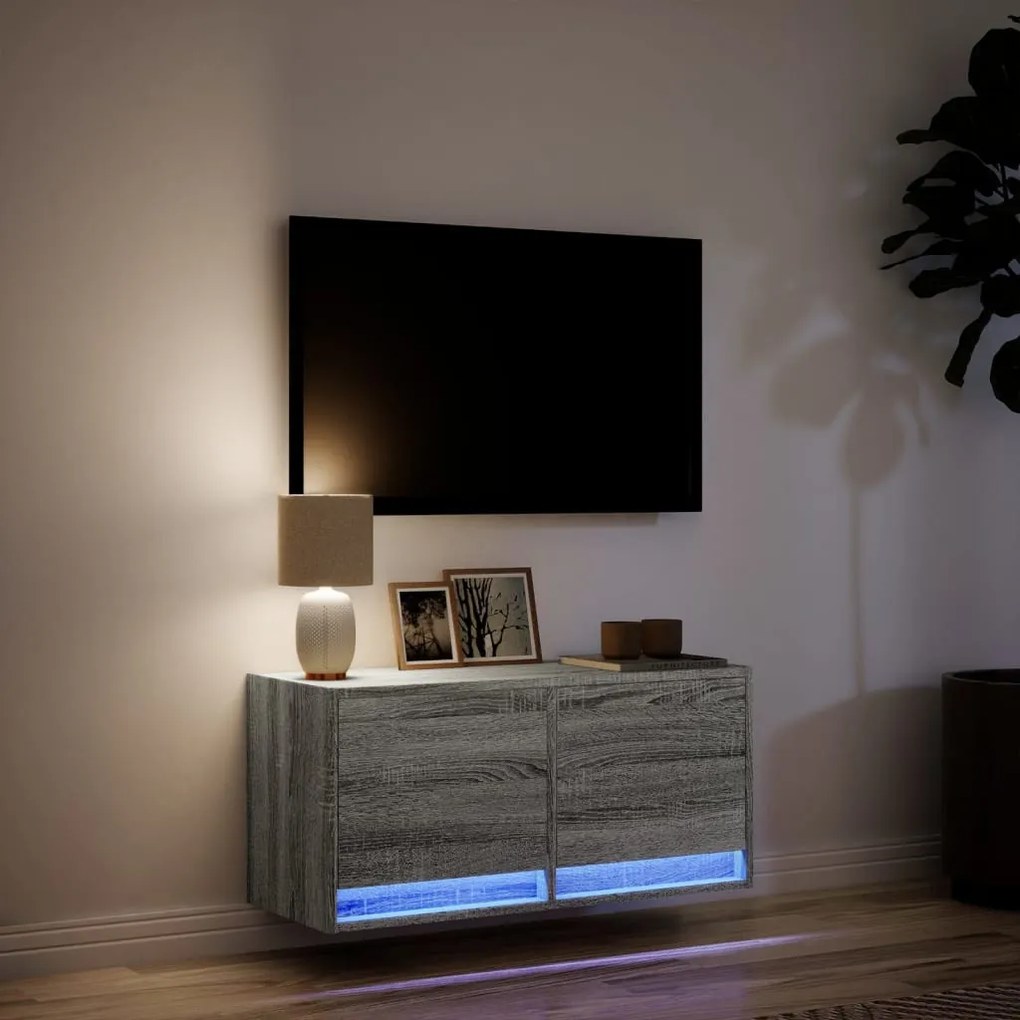 szürke sonoma színű fali TV-szekrény LED-del 80x31x35 cm