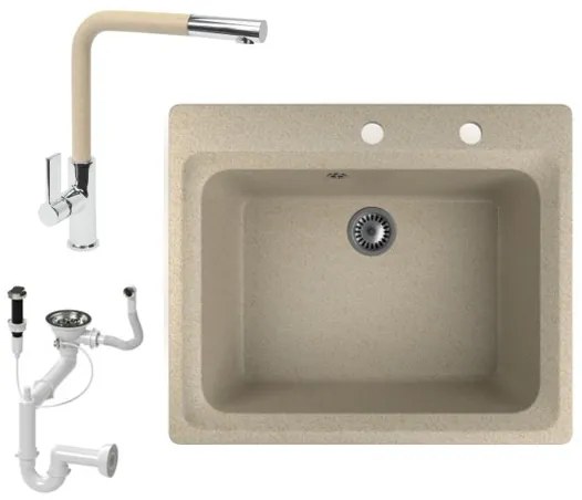 Gránit mosogató NERO Italia + kihúzható fejes Linea csaptelep + dugókiemelő + (bézs)