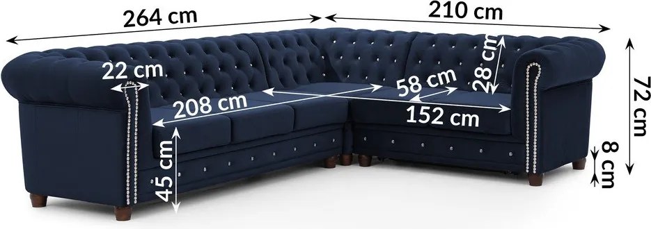 Kék bársony kinyitható sarokkanapé (jobb oldali-L alakú) York Blik – Ropez