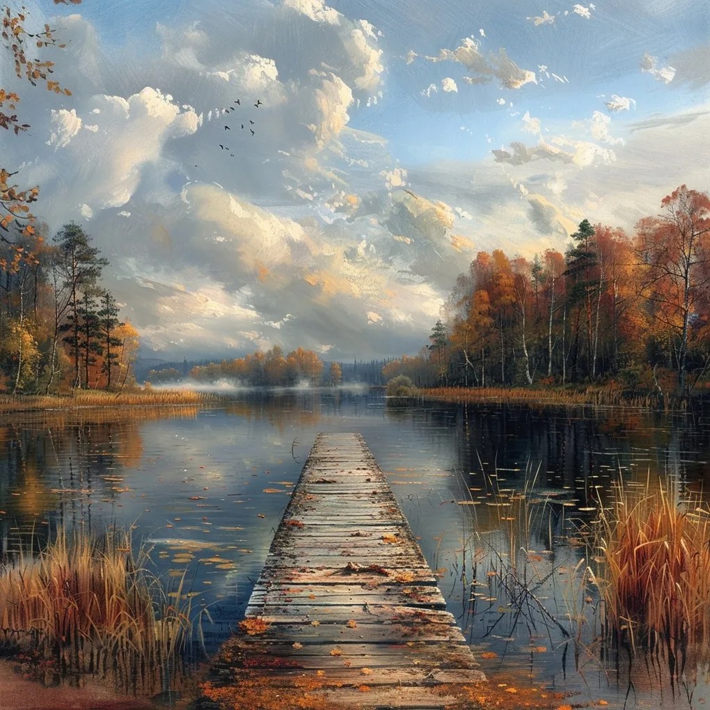 Vászonkép Canvas Tájkép Erdő Tó Móló Ősz Köd 40x40