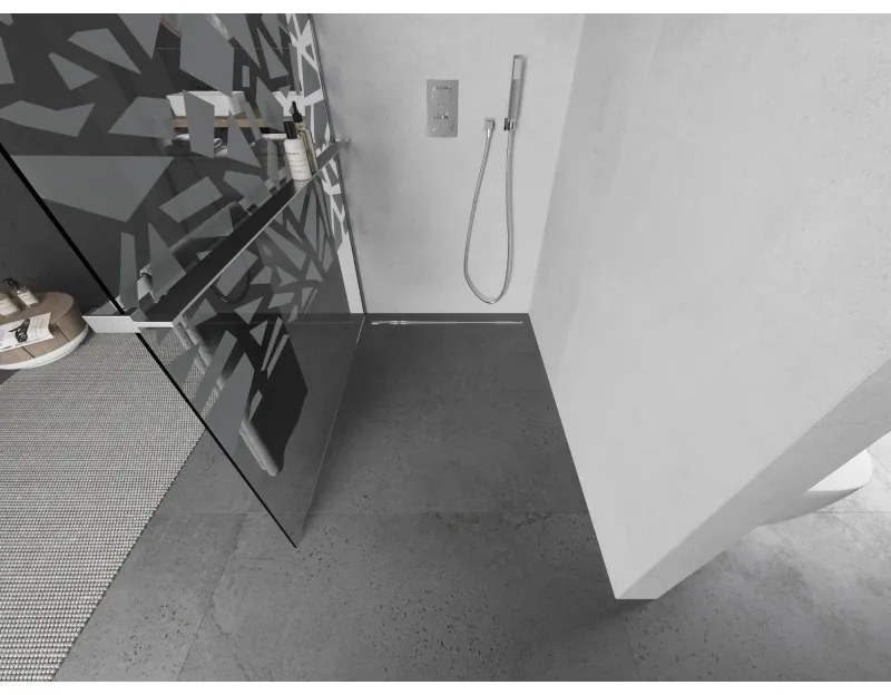 Mexen Kioto+ L, Walk-In zuhany paraván polccal és akasztóval 90 x 200 cm, 8 mm átlátszó üveg fehér mintás, króm profil, 800-090-123-01-85