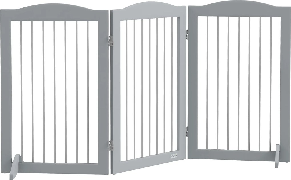 PawHut Összecsukható Biztonsági Rács, 3-Panele Dog Gate, 2 Támogató Lábbal, 80cm Magasság, Ajtókhoz, Folyosókhoz, Szobákhoz és Lépcsőkhöz, Szürke | Ao