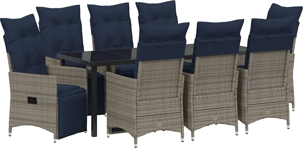vidaXL Asztal és szék szett párnával 9 pcs Szürke PE Rattan