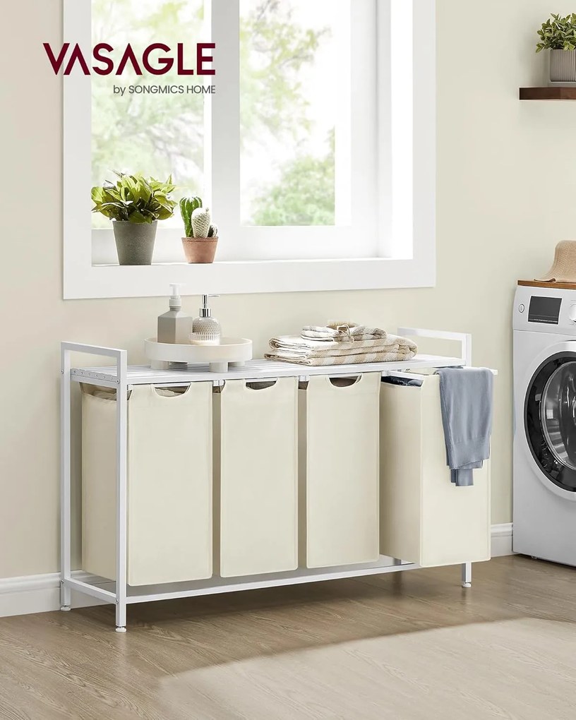 VASAGLE 4 rekeszes szennyeskosár 4 × 40 L, 116 × 33 × 72 cm, krémfehér és matt fehér