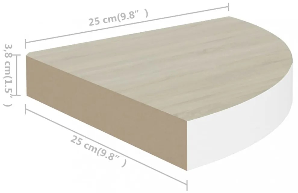 2 db fehér-tölgyszínű MDF fali sarokpolc 25 x 25 x 3,8 cm