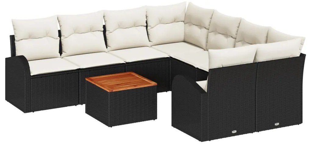 9 darabos Kert Sofa Készlet Párnákkal Fekete Poli Rattan Akác