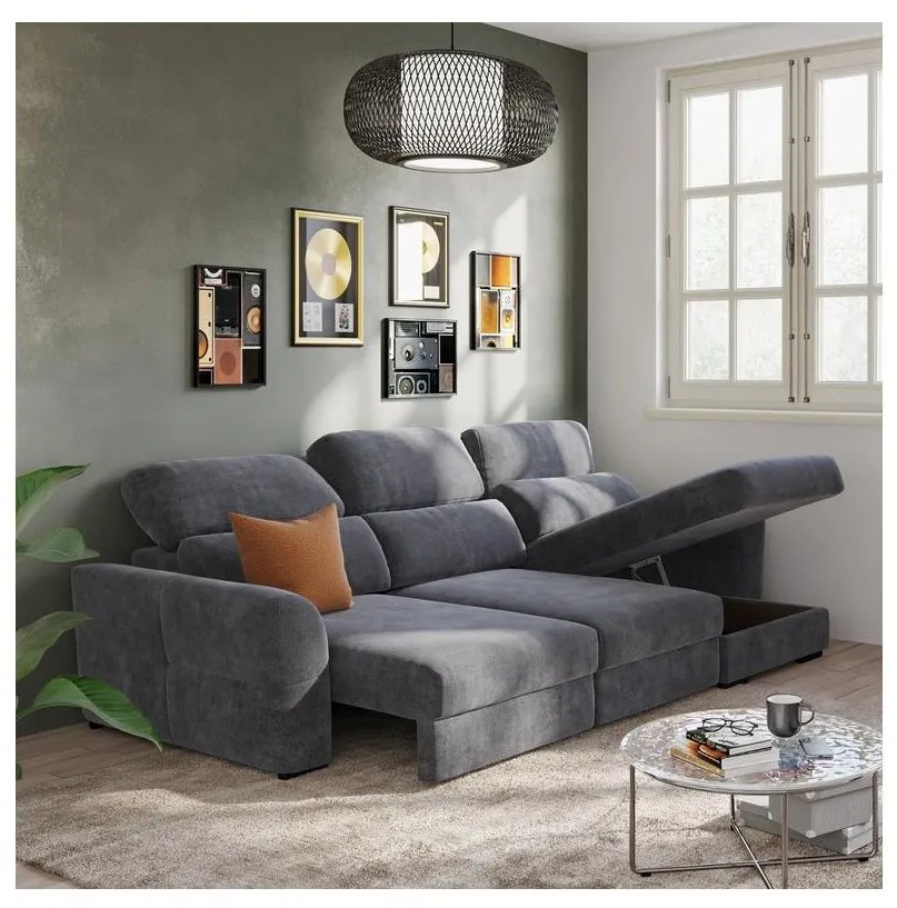 Univerzális, kihúzható háromüléses sarokkanapé tárolóval TRENTO antracit