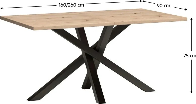 Kihúzható ebédlőasztal, artisan tölgy/fekete, 160-260x90x75 cm, KOLI