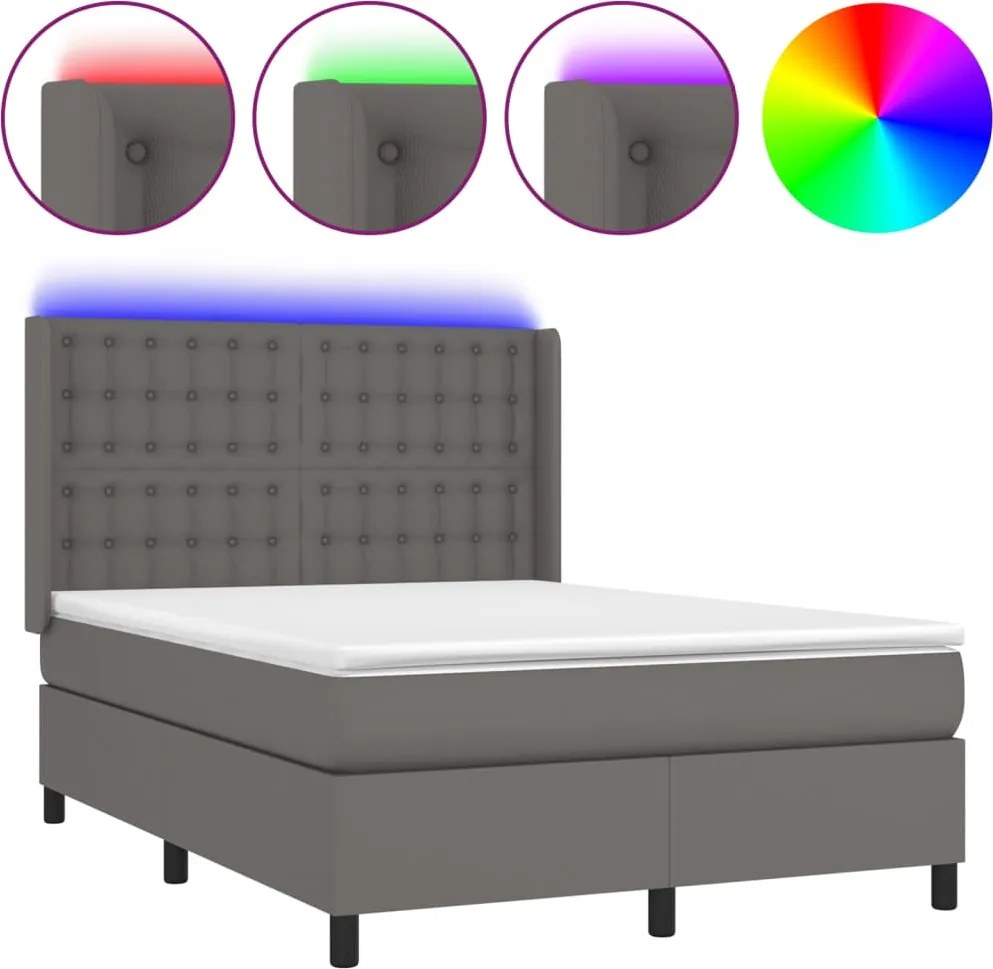 vidaXL szürke műbőr rugós ágy matraccal és LED-del 140x190 cm