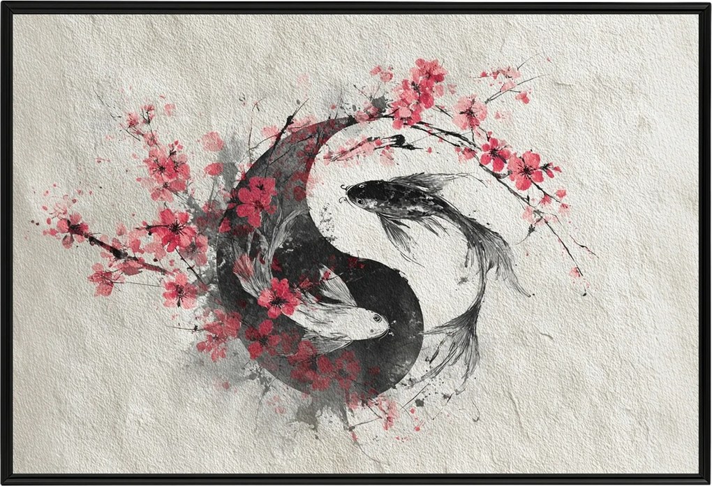 Poszter Alumínium Keret Nyugtatja A Halakat Yin Yang Japán Sakura Feng Shui 60x40