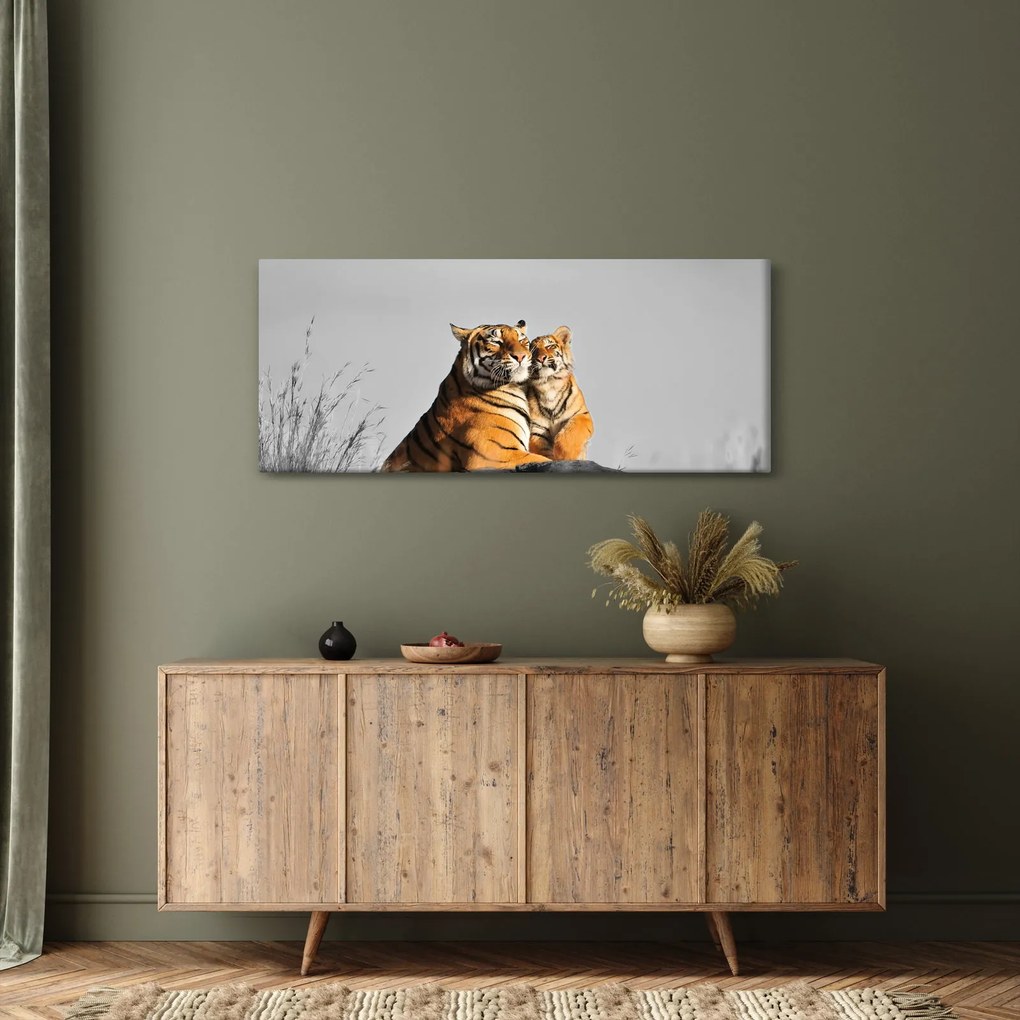 Kép - Tigris és a kölyke, fekete-fehér változat (120x50 cm)