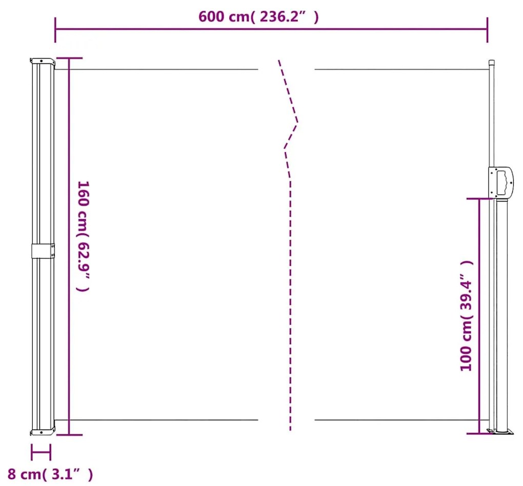 fekete behúzható oldalsó napellenző 160 x 600 cm