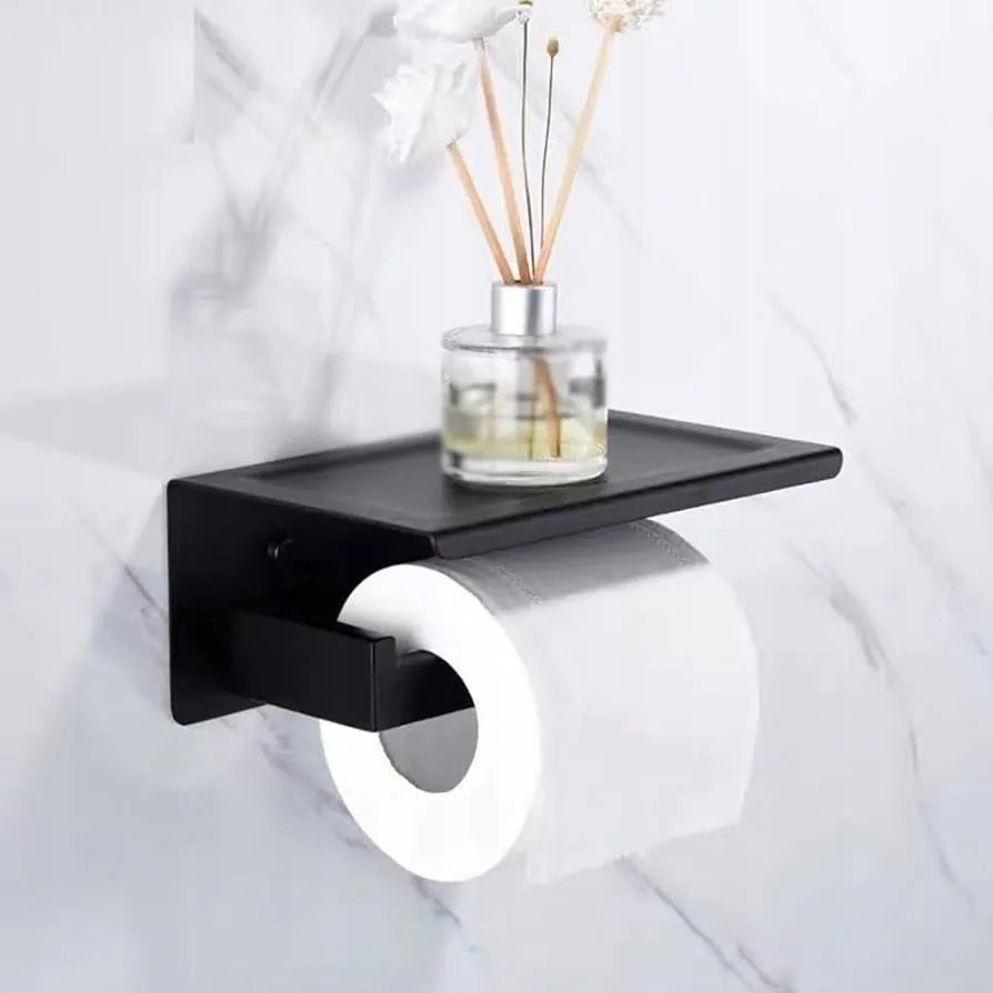Wc-papír Tartó Telefontartó Polccal öntapadós Fekete Fém