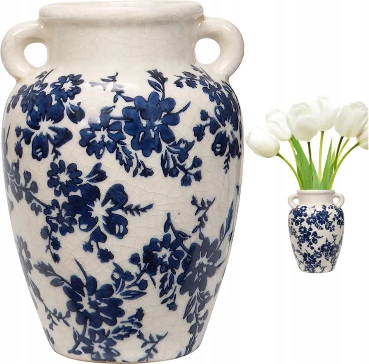 Váza Kancsó 23cm Kerámia Virágos Retro Fehér Rózsa Magas Nappaliba