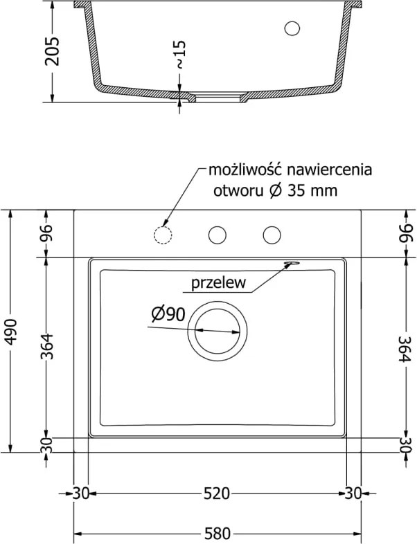 Mexen Oscar 1 rekeszes gránit mosogató 580 x 490 mm, szürke, króm szifon - 6519581000-71