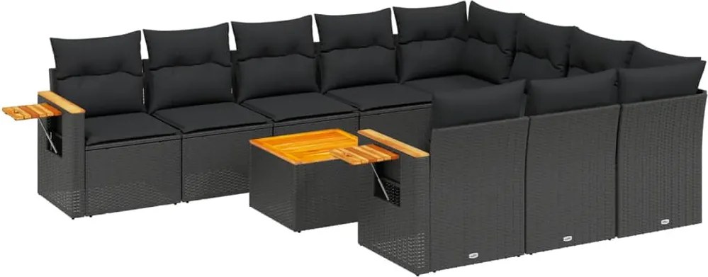 vidaXL 11 részes fekete polyrattan kerti ülőgarnitúra párnákkal