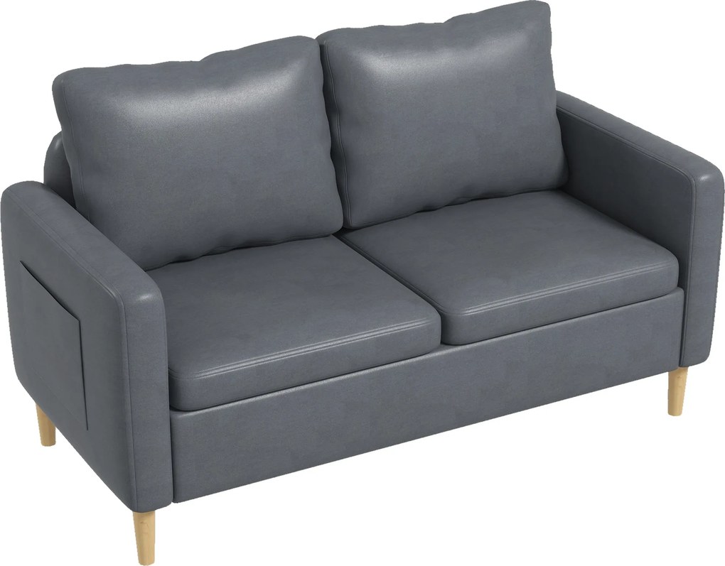 HOMCOM Modern 2-Fős Kanapé Poliészter Kárpitozással, 2 Oldalsó Zsebbel, Karfákkal és Fa Lábakkal, 200 kg Teherbírással, 143x76x83 cm, Szürke | Aosom