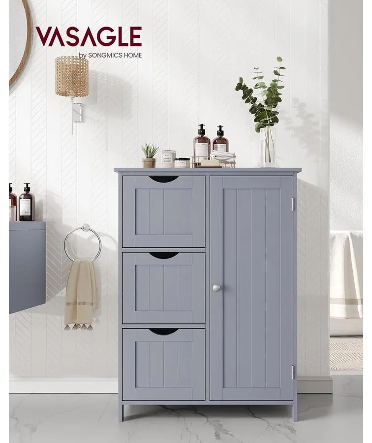 Fürdőszobai szekrény, komód, 3 fiókkal, Állítható polc, 30 x 60 x 81 cm, szürke