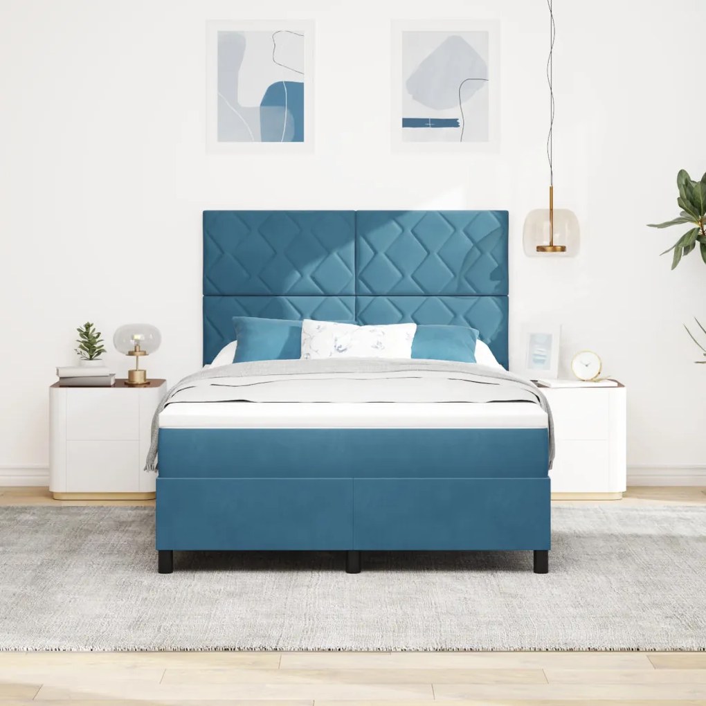 Boxspring Ágy Mattal Sötétkék 140x190 cm Bársony