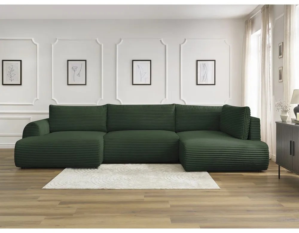 Sötétzöld kordbársony kinyitható sarokkanapé (bal oldali-U alakú) Lucien – Bobochic Paris