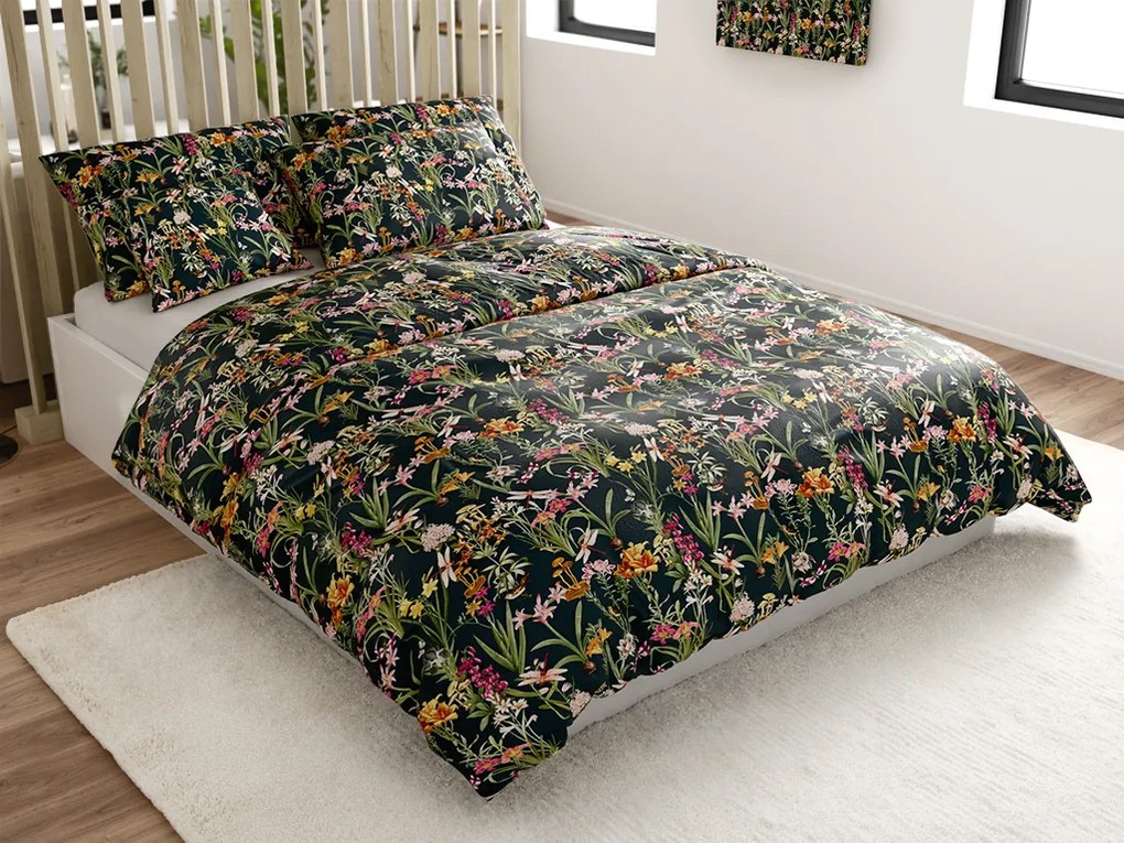 Mikroplüss ágyneműhuzat szett MYSTIC GARDEN sötétzöld + Mikroplüss lepedő SOFT 90x200 cm fehér, egyszemélyes ágyhoz