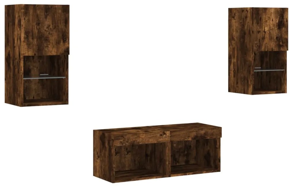 4 darab füstös tölgy színű falra szerelhető TV-szekrény LED-del