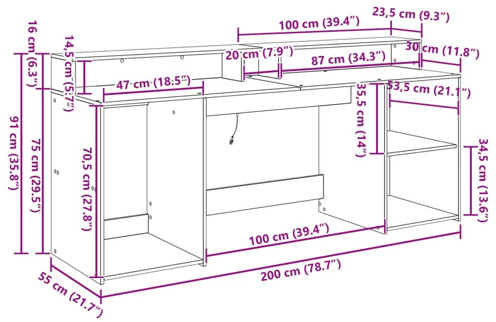 Fekete tölgy íróasztal 200x55x91 cm Szerelt fa