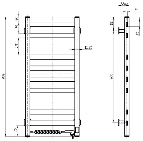 Fürdőszobai létrás törölközőszárító radiátor termosztáttal AVANGARD 251W/230V 80,6cm IP44 fekete jobb oldali