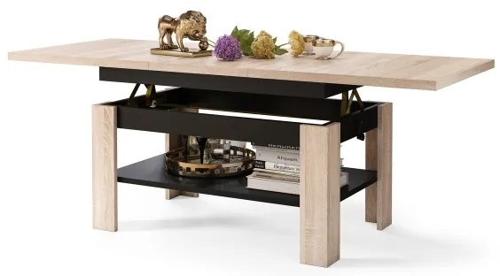 Bővíthető dohányzó-/étkezőasztal emelhető asztallappal ROY sonoma tölgy/fekete