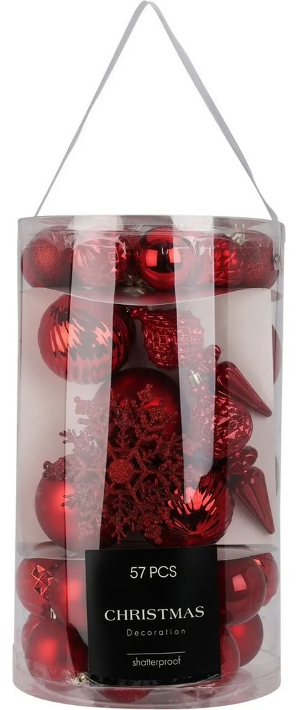 Cristal karácsonyi díszek készlete piros, 57 db