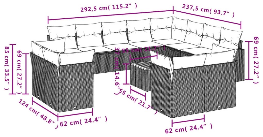 13 részes szürke polyrattan kerti ülőgarnitúra párnákkal