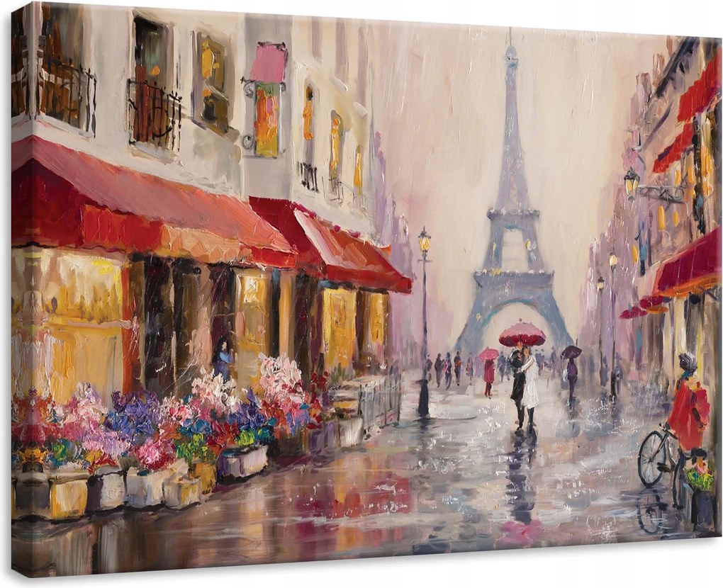 Vászonkép 70x50 Párizs eső Eiffel-torony szerelmes pár piros esernyő